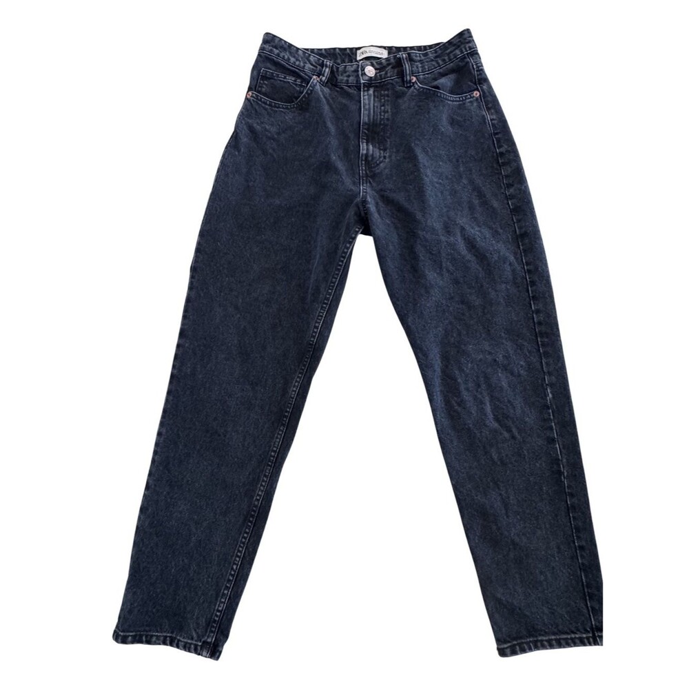 Zara Womens Jeans USA 8 Black Acid Wash High Rise Mom Straight Tapered Denim